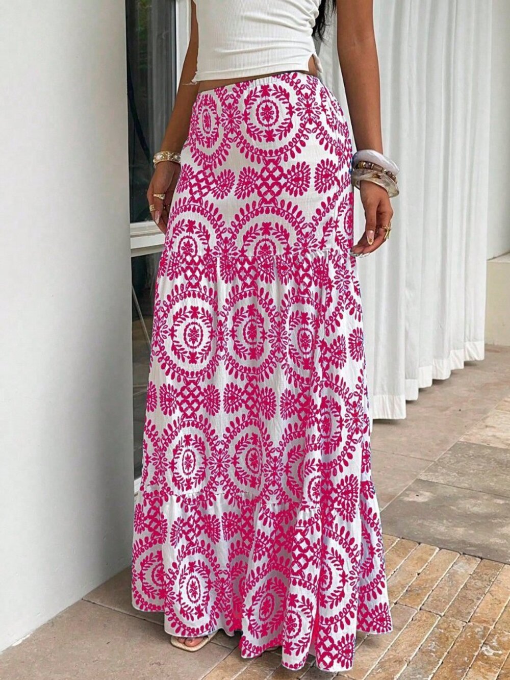 Hot Pink Boho Women's Vacation Plant Print Elastic Waist Ruffle Hem Casual Skirt - Picture 3 of 5